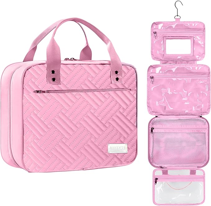 ESSENTE Women's Travel Toiletry Bag with Removable Pouch and Hanging Hook - Water Resistant Makeup Cosmetic Oraganizer with Multiple Compartments for Accessories (PRETTY IN PINK)