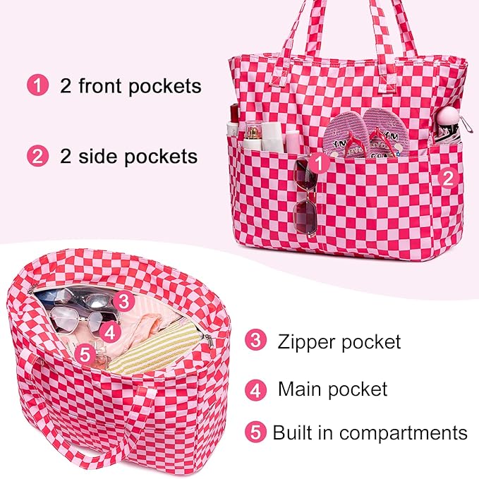 LEDAOU Large Beach Tote Bag Women Waterproof Sandproof Zipper Beach Tote Bag for Pool Gym Grocery Travel with Wet Pocket