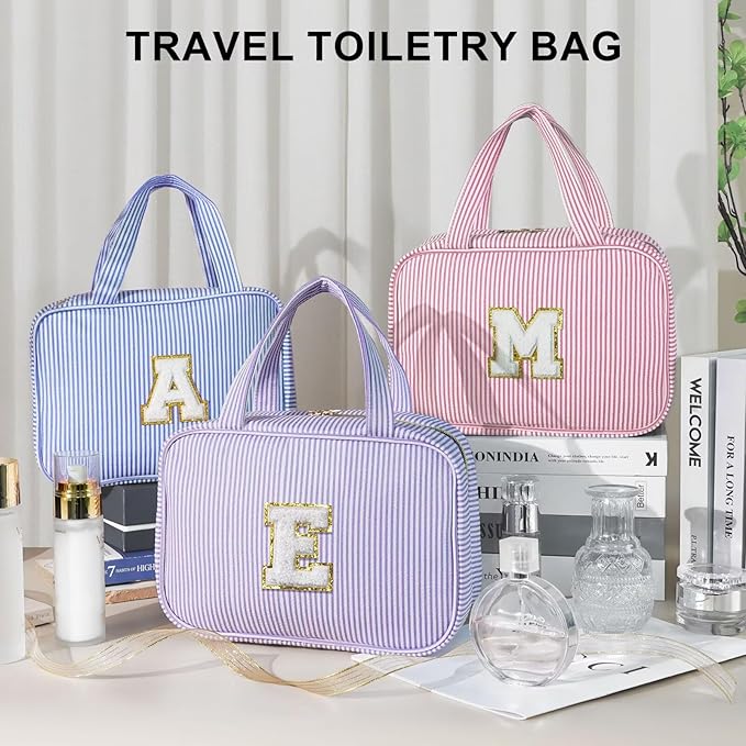 TOPEAST Gifts for Friends - Friendship Gifts for Women, Travel Toiletry Bag for Women, Hanging Toiletry Bag, Monogrammed Initial Tolietry Pouch Makeup Bag - Letter F, Blue