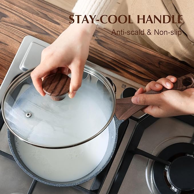 SENSARTE Nonstick Saucepan with Lid, 2.5 Quarts Medium Pot with Swiss Granite Coating, Stay-cool Handle, Sauce Pan Small Kitchen Cooking Pot, Induction Comptable, Free of Intentionally Added PFOA