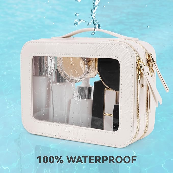 Prite Double Layer Makeup Bag for Women Portable Clear Makeup Bag Cute Waterproof Travel Cosmetic Bag with Gold Zipper for Car Essentials(Beige)