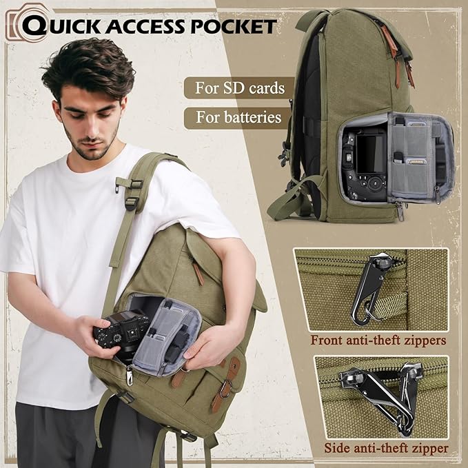 RAINSMORE Camera Bag Backpack for DSLR/SLR Mirrorless 15.6 Inch Laptop Camera Back Pack for Photographers Anti-Theft Photography Bags Case with Tripod Holder & Rain Cover, Green