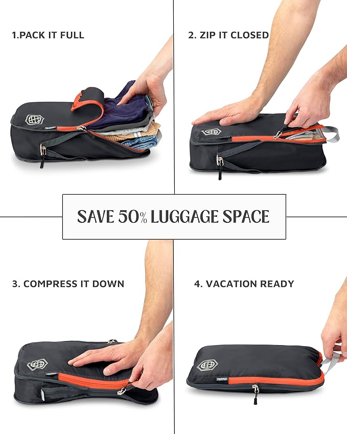 Large Compression Packing Cubes for Travel-Packing Cube Luggage Organizers 7 Piece Set for Checked Luggage-Ultralight, Expandable/Compression Bags by TRIPPED Travel Gear (Grey/Orange)
