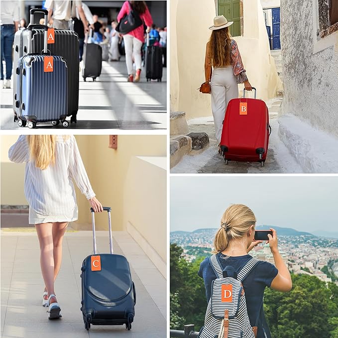 Gostwo 2 Pack Luggage Tags for Suitcases, 26 Initial Letter Travel Luggage Baggage Identification Labels ID Tag Fully Bendable Tags with Stainless Steel Loop (Orange) (Letter W)