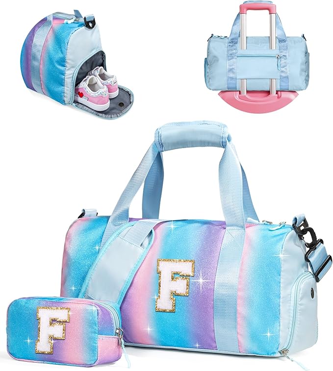 Dorm Room Essentials for Girls-Girl Gym Bag with Shoe Compartment, Kid Personalized Weekender Overnight Bags, Initial Travel Tote with Makeup Pouch, Preppy Stuff Gifts for Kids (Letter F)