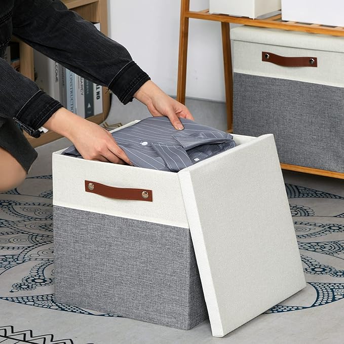 Temary Cube Storage Bins with Lids for Organizing Clothes, [2-Pack] Foldable Storage Boxes with Handles, Closet Storage Baskets for Living Room (White&Gray, 13x13x13inch)