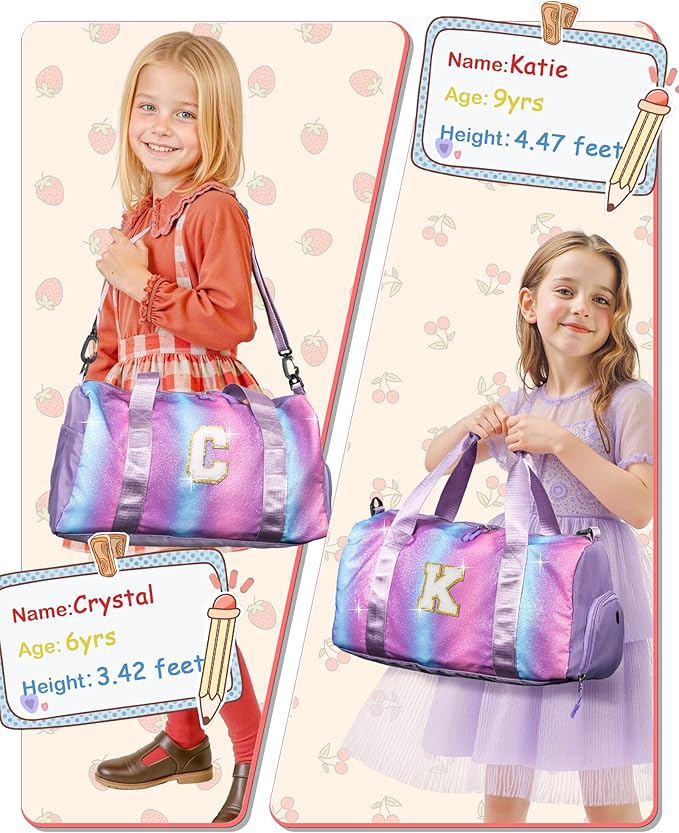 Gifts for 4 5 6 7 8 9 10 11 Year Old Girls-Girl Gym Bag with Shoe Compartment, Kid Personalized Weekender Bymnastic Bags, Initial Travel Tote with Makeup Pouch, Dance Bag Gift (Letter A)