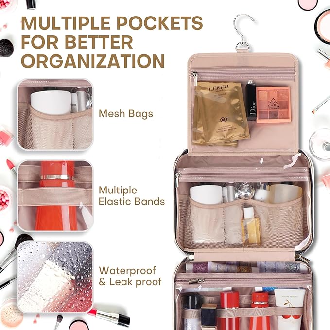 Hanging Toiletry Bag for Women Travel, 2 Sizes Large & Small Waterproof Cosmetic Organizer with 4 Compartments, Rotating Hook, Foldable Pink Travel Bag for Toiletries & Makeup - Large Beige