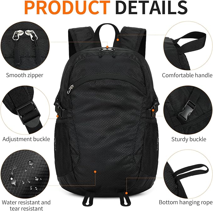 Small Hiking Daypack,15L Water-Resistant Hiking Backpack Packable Lightweight Travel Day Pack for Women Men (Black, Small)