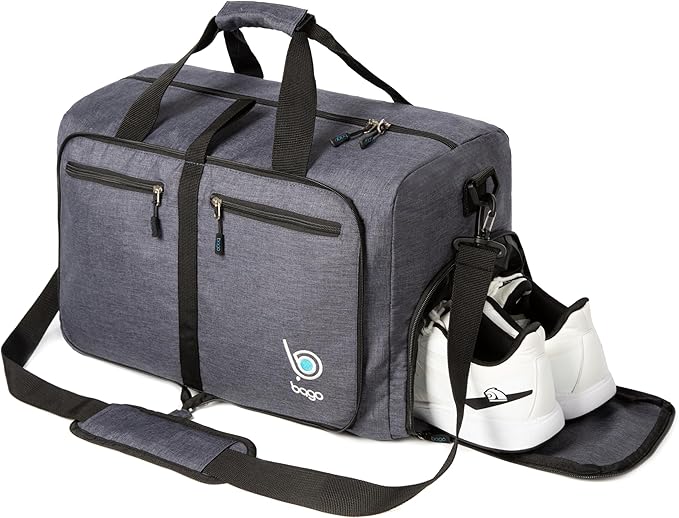 Bago Foldable Duffel Bags for Traveling Women & Men - 60L Medium Packable Duffle Bag for Travel with Shoe Compartment - Water Repellant, Heavy Duty, Lightweight Folding & Collapsible (SnowBlack)