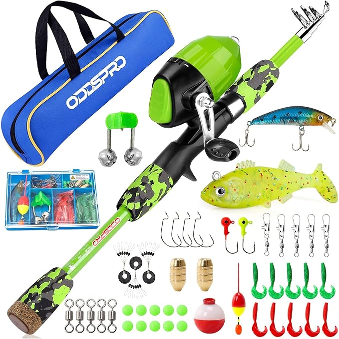 ODDSPRO Kids Fishing Pole Pink, Portable Telescopic Fishing Rod and Reel Combo Kit - with Spincast Fishing Reel Tackle Box for Girls, Youth
