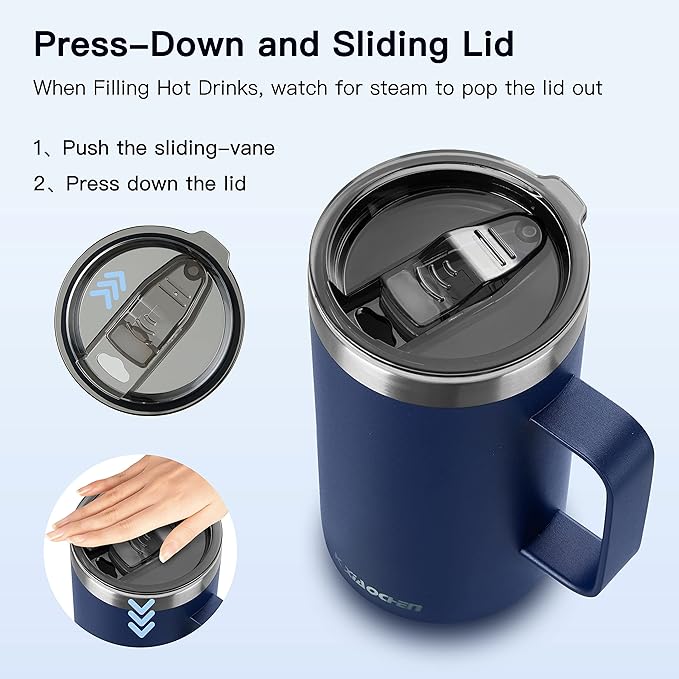 KXIAOCHEN 20oz Insulated Coffee Mug with Lid, Stainless Steel Coffee Cup, Double Wall Vacuum Coffee Tumbler with Handle, Premium Thermal Travel Coffee Mug (Pink Navy 2Pack)