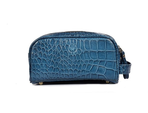 10" Premium Leather Toiletry Travel Pouch With Waterproof Lining | King-Size Handcrafted Vintage Dopp - Kit ~ Gift for Father's Day By Aaron Leather Goods (Egyptian Blue)