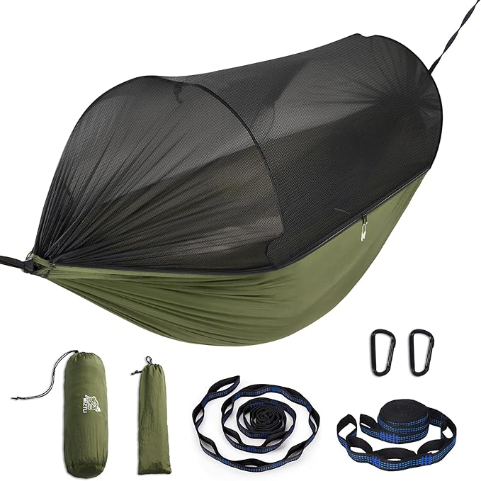 Miztli Camping Hammock -Portable Hammock w/Spacious Net & Tree Straps w/Adjustable Loops, Double and Single Hammock for Outdoor, Indoor, Hiking and Travel