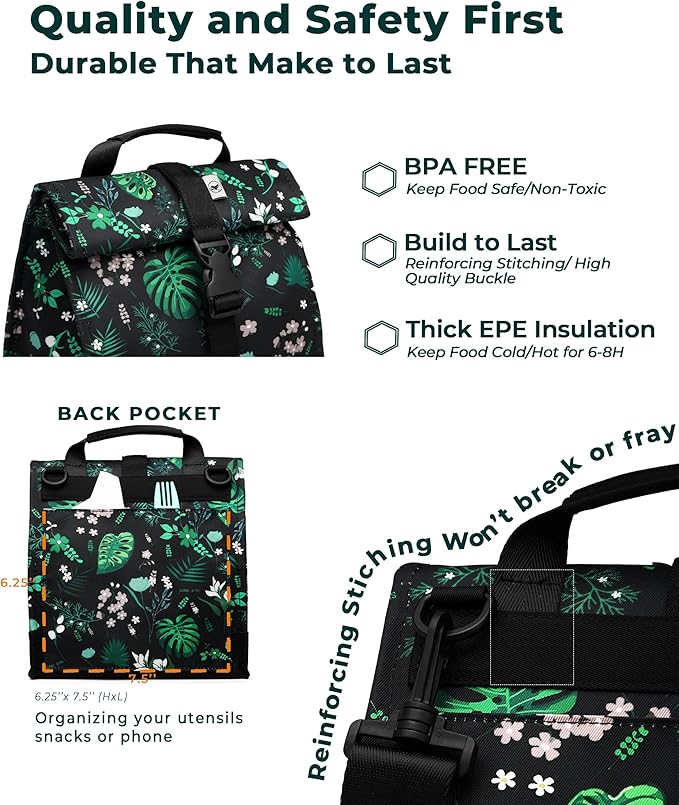 SUNNY BIRD Insulated Lunch Bag Rolltop Lunch Box Tote Bag for Women, Men, Adults and Teens (Floral & Foliage)