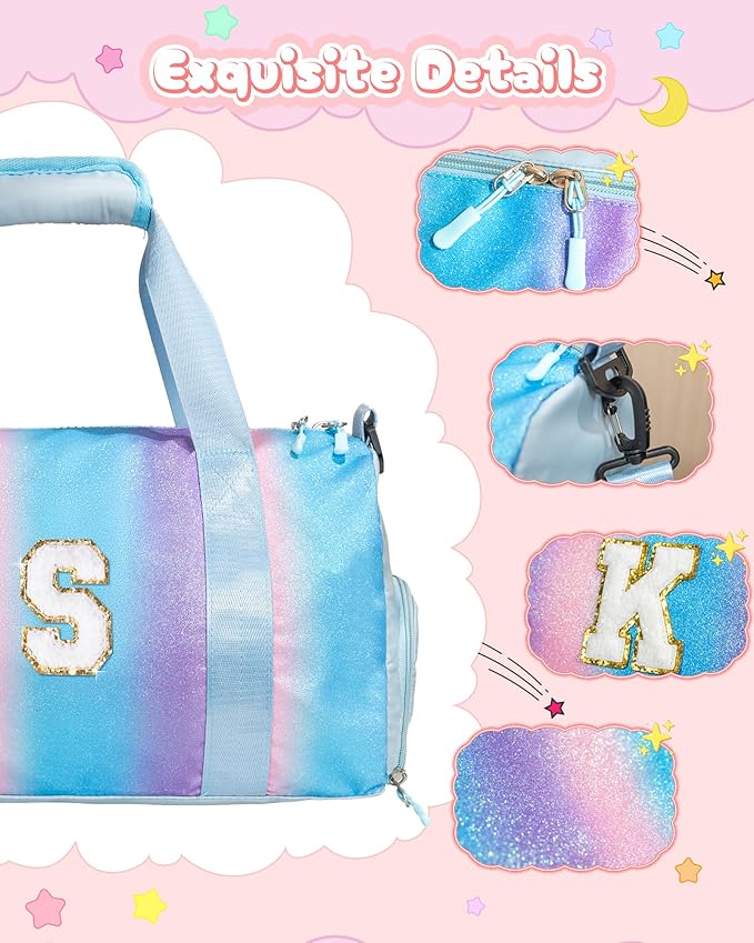 Gifts for 3 4 5 6 7 8 9 10 Year Old Girls-Girl Gym Bag with Shoe Compartment, Kid Personalized Weekender Overnight Bags, Initial Travel Tote with Makeup Pouch, Gift Ideas for Kids (Letter M)