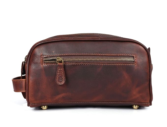 10" Premium Leather Toiletry Travel Pouch With Waterproof Lining | King-Size Handcrafted Vintage Dopp - Kit Gift for Father's Day By Aaron Leather Goods
