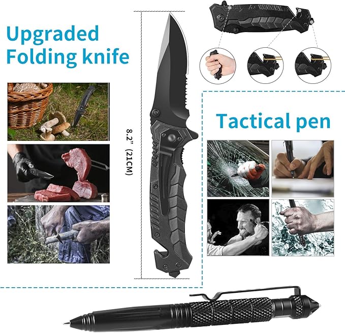 Survival Gear Kits Outdoor Survival Gear Tool for Trip,with Fire Starter, Whistle, Wood Cutter, Tactical Pen for Camping, Hiking, Climbing for Wilderness/Trip/Cars/Hiking/Camping