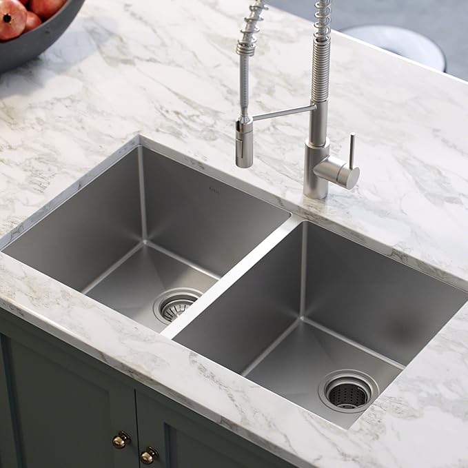 KRAUS Standart PRO™ 33-inch 16 Gauge Undermount 50/50 Double Bowl Stainless Steel Kitchen Sink with WasteGuard™ Continuous Feed Garbage Disposal, KHU102-33-100-75MB