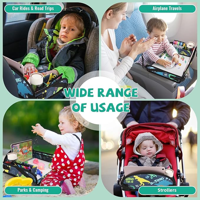 Kids Travel Tray for Airplane - Toddler Car Seat Table Tray, Road Trip Essentials for Boys & Girls, Carseat Lap Desk for Kids Road Trip Activities, Dinosaur