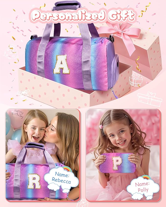 Girls Cheer Up Gifts-Girl Gym Bag with Shoe Compartment, Kid Personalized Weekender Ballet Bags, Initial Travel Tote with Makeup Pouch, Dance Gift for Niece Kids Daughter (Letter K)