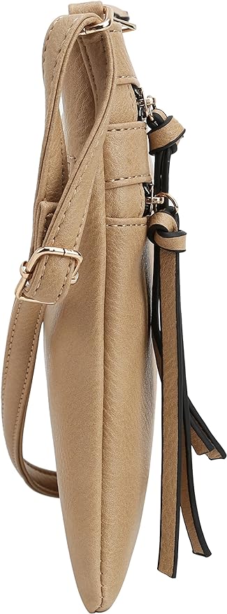 DELUXITY | Crossbody Purse Bag | Functional Multi Pocket Double Zipper Purse | Adjustable Strap | Medium Size Purse | Camel