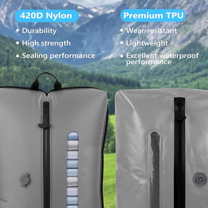 2025 Vacuum Bags for Travel with See-Through Window & 5KPa Pump Space Saver Vacuum Seal Bags for Clothing Travel IP67 Reusable Packing Organizers for Luggage, Backpack, Suitcase Grey 1PC+Pump