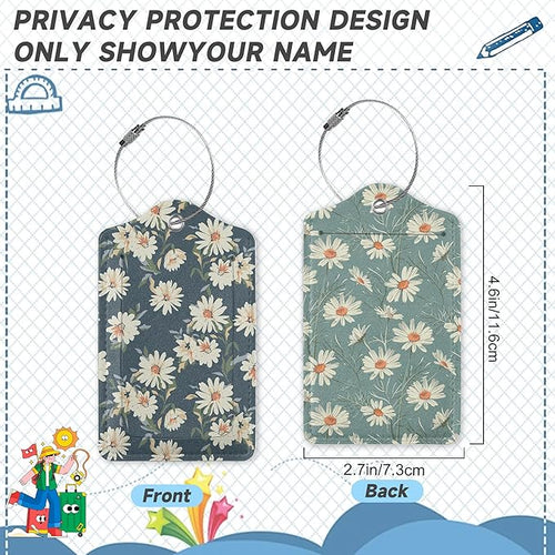 2 Pack Leather Luggage Tag for Suitcase Retro Daisy Flower Unique Travel Tags with Privacy Cover ID Label & Stainless Steel Loop for Men and Women Baggage
