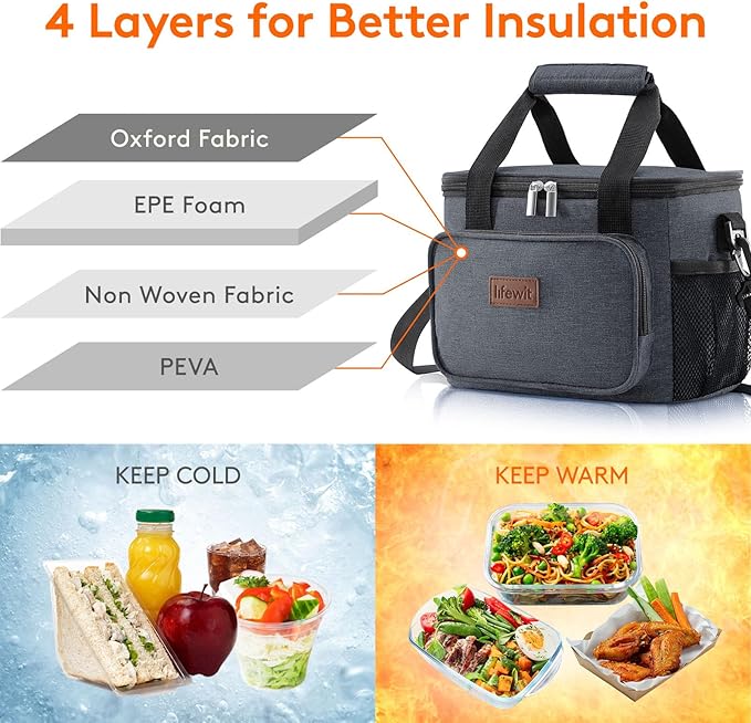 Lifewit Medium Lunch Bag Insulated Lunch Box Soft Cooler Cooling Tote for Adult Men Women, Dark Gray 12-Can (9L)