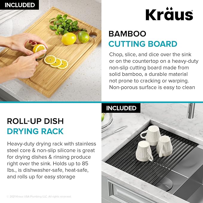 KRAUS Kore Workstation 30-inch Undermount 16 Gauge Stainless Steel Kitchen Sink, Double Bowl Kitchen Sink with Accessories, KWU112-30