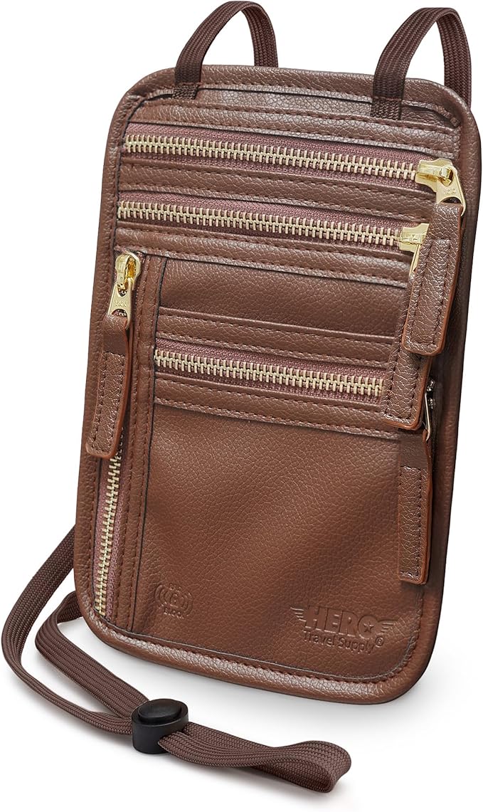 HERO Neck Wallet, RFID Blocking Passport Holder, Vegan Leather Travel Pouch (Brown)