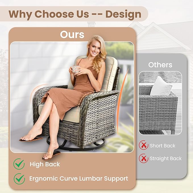 HOOOWOOO Patio Furniture Set,7 Pieces Outdoor Conversation Set,All Weather Wicker Loveseat Sofa Set with High Back Swivel Rocking Chairs Tables,Beige