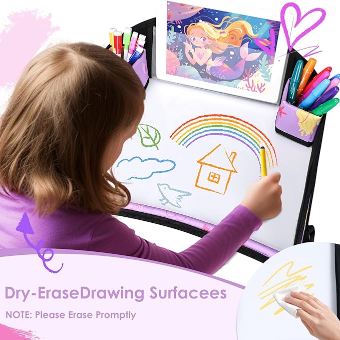 2PCS Kids Travel Tray for Airplane - Toddler Car Seat Table Tray, Road Trip Essentials for Boys & Girls, Carseat Lap Desk for Kids Road Trip Activities (Blue Dinosaur/Purple Mermaid)