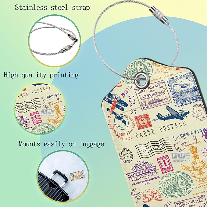 Travel Stamp Luggage Tags for Suitcase,2 Pack Retro Passport Carte Postale Luggage Tag Leather Privacy Cover ID Label with Stainless Steel Loop for Women Men Kids Girls