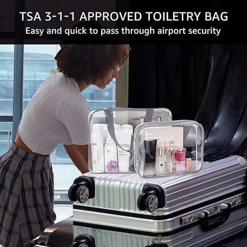 3Pcs Crystal Clear PVC Travel Toiletry Bag Kit for Women Men, Waterproof Vinyl Packing Organizer Storage Bags with Zipper Handle Straps, Cosmetic Pouch Carry on Airport Airline Compliant Bag Handbag