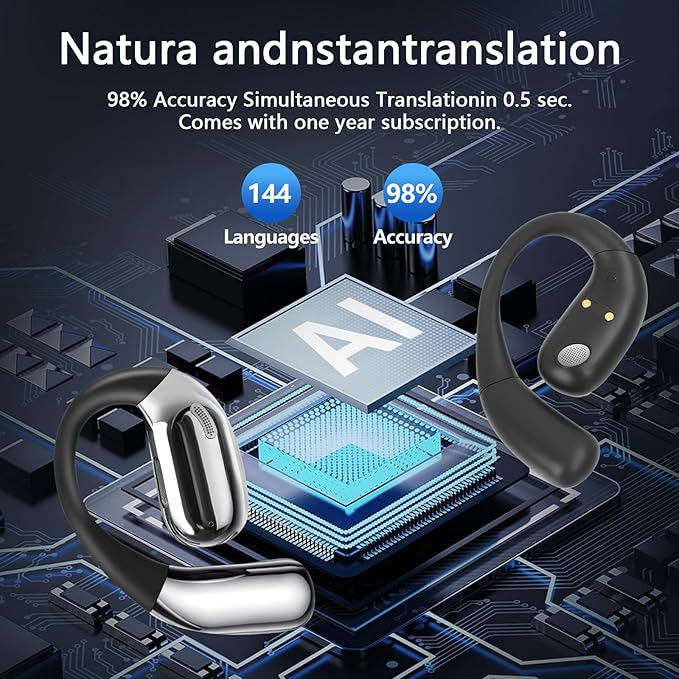 AI Translation Earbuds Real Time, LCD Touchscreen Real-Time Translator for 144 Languages & Accents Includes Free Subscription Translation Device Earphones for Travel Business Learning, Black
