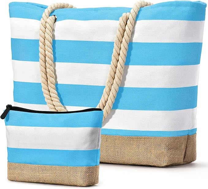 Becokan Beach Bag Initial Beach Tote with Makeup Bag for Travel Work Storage Personalized Birthday Gifts for Women Her