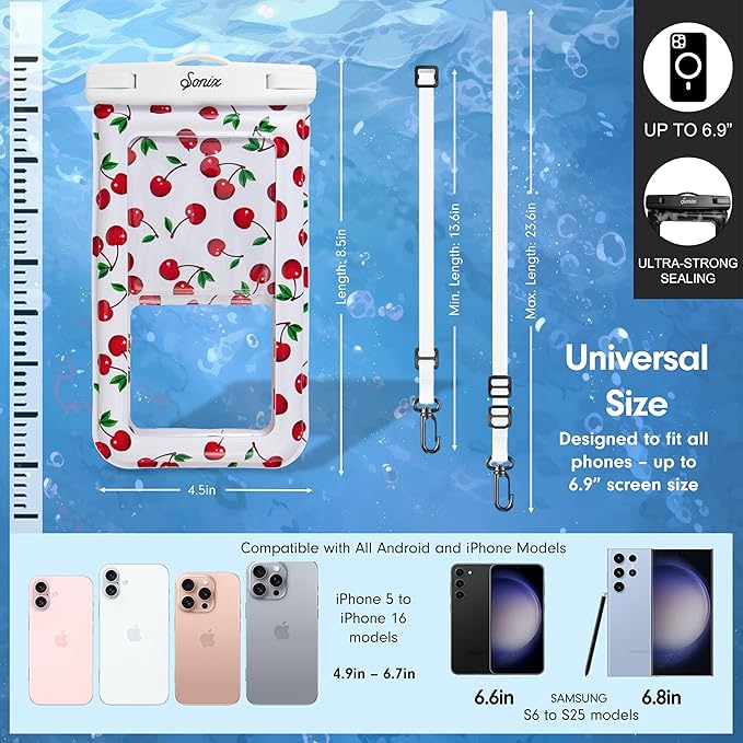 Sonix Waterproof Phone Pouch - Floating Phone Case Dry Bag w/Crossbody Lanyard - Beach Cruise Travel Essentials - Compatible w/All Devices, Touchscreen Friendly | Cherry on Top
