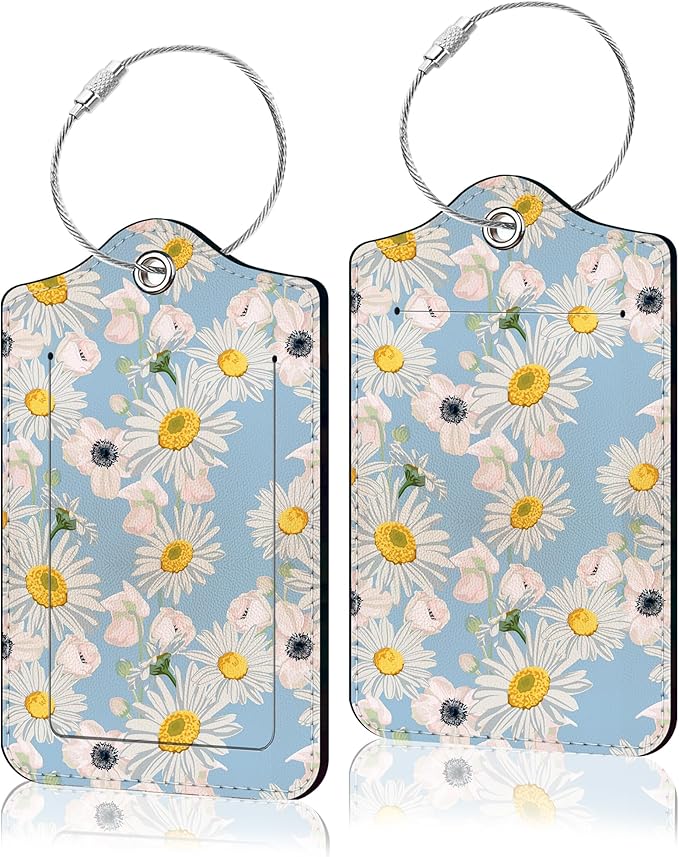 2 Pack Luggage Tag for Suitcase, Cute Unique Leather Suitcase Tags Identifiers with Privacy Name Address Labels & Durable Steel Loop for Women Men Travel