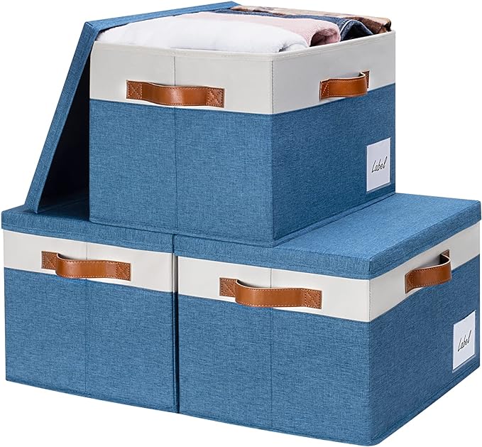 GhvyenntteS Fabric Storage Bins with Lids (3 Pack), Large Closet Storage Baskets with Lid and 3 PU Handles, Foldable Fabric Storage Boxes with Label Window for Home Office (Blue, 15" x 11" x 9.7")