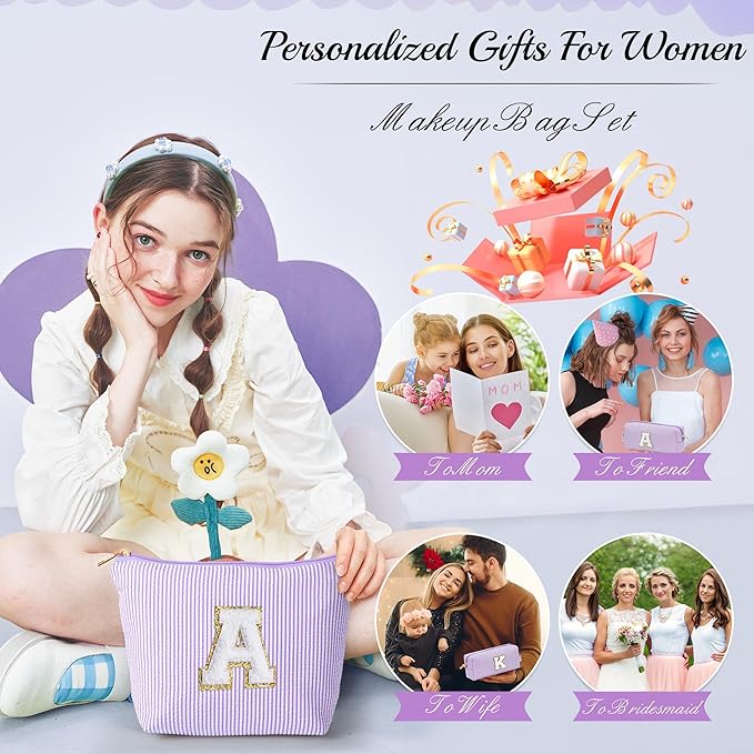 YOOLIFE Birthday Gifts for Kids - Personalized Monogram Makeup Bag Cosmetic Bag Travel Toiletry Bag | Makeup Bag for Girls Teen Girl Friend Sister Wife Girlfriend Daughter Gifts Purple A