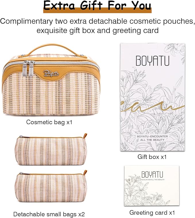 Travel Makeup Bag for Women: Large Capacity Open Flat Make up Bag Set of 3 - Vegan Leather Cosmetic Bag with Compartments - Waterproof Toiletry Bag with Handle & Divider(Gold)