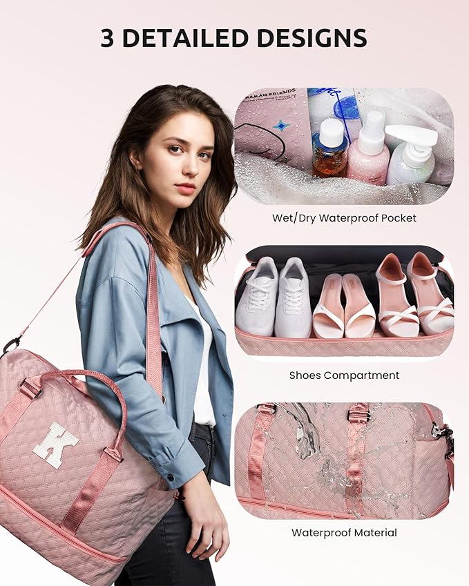 Initial Duffle Travel Bag, Personalized Weekender Bag with Shoulder Strap, Monogram Overnight Bag for Women Wet Pocket, Letter Travel Bag with Makeup Bag Gifts for family (Letter Z), Pink