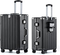 HotWay 24 Inch Aluminum Frame Luggage with Spinner Wheels, PC Hard Shell Suitcase with Cup Holder, Zipperless Luggage for Business Travel, Black