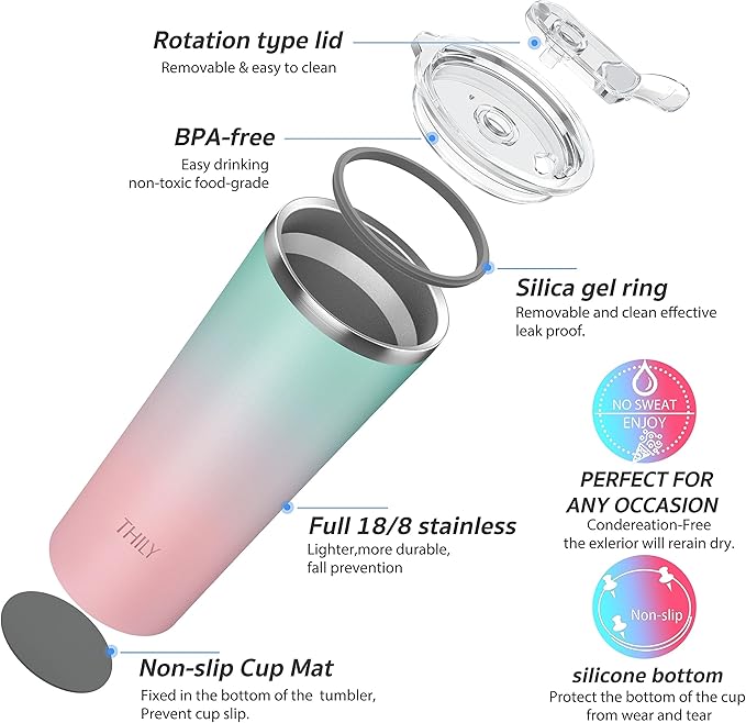THILY Stainless Steel Vacuum Insulated Tumbler 26 oz Triple-Insulated Travel Mug with Splash-Proof Lid, for Iced Coffee and Hot Beverage, 2 Pack, Candy Pink + Lavender Dream