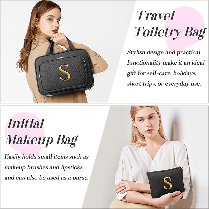Gifts for Women, Initial Toiletry Makeup Bag Hanging Cosmetic Organizer with Embroidery Letter Personalized Nurse Teacher Appreciation Gift Birthday Christmas Gifts for Mom Sister Wife Friend Auntie