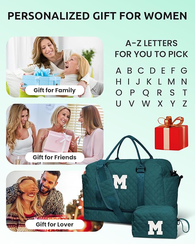 Teenage Girl Gifts 8-10-Initial Travel Bag with Shoe Compartment, Personalized Weekender Bag, Monogram Overnight Bag for Women, Letter Travel Bag with Makeup Bag Graduation Gifts (Letter W)