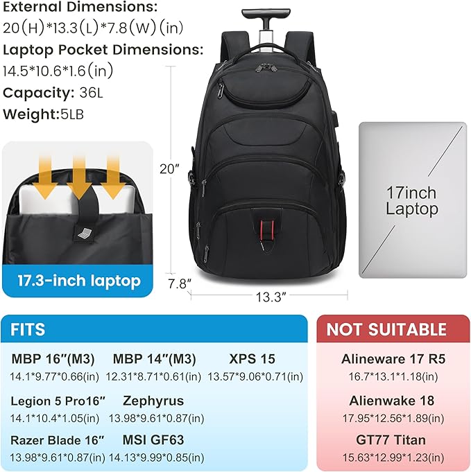 Boavan Rolling Backpack,17 inch Water Resistant Wheeled Backpack,Carry on Luggage Business Bag, Overnight College Computer Trolley Suitcase for Men Women Adults to Travel，Black