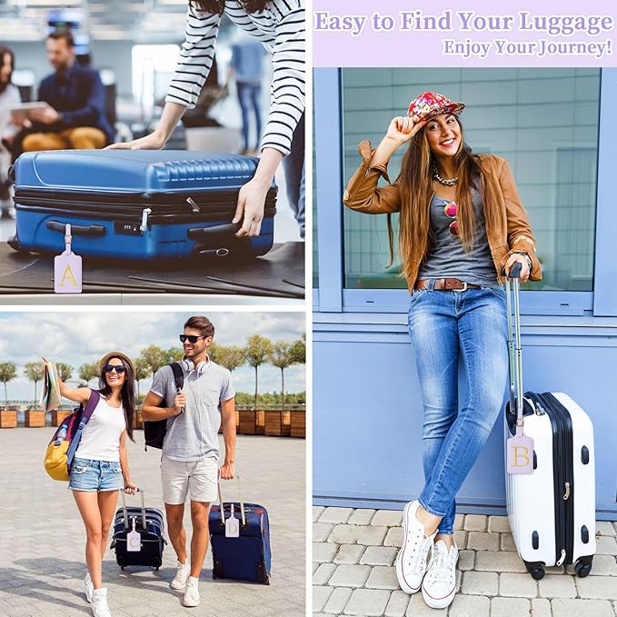 Personalized Initial Luggage Tags for Suitcase, Purple Leather Cute Luggage Tags with Privacy Cover Name Card, Embroidered Custom Monogrammed Luggage Tag Travel Backpack Tags Gifts for Women Kids(L)