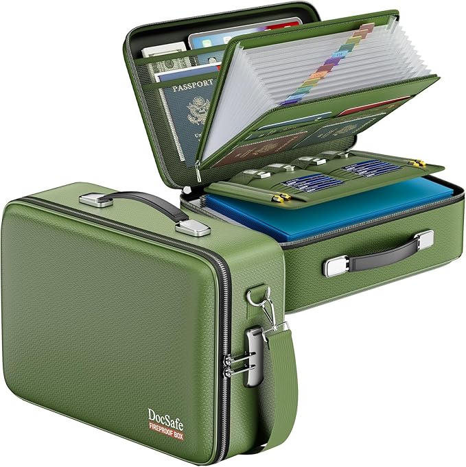 DocSafe Fireproof Document Box with Lock＆Shoulder Strap,Hard Case File Organizer with Accordion File Folder,Multi-Layer Portable Home Office Travel Safe Storage for Important Documents Laptop Green